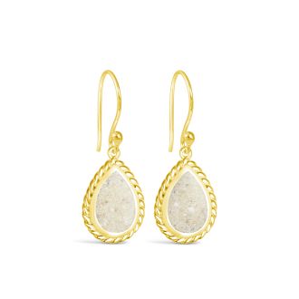 Nautical gold mermaid earrings with rope detailing and a teardrop motif personalized with sand, shells, or elements.