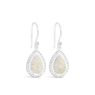Nautical silver mermaid earrings with rope detailing and a teardrop motif personalized with sand, shells, or elements.