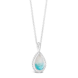 Nautical silver mermaid necklace with rope detailing and a teardrop motif personalized with sand, shells, or elements, best jewelry for ocean lovers. Turquoise Gradient.