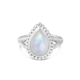 Nautical silver mermaid ring with rope detailing and a teardrop motif carrying genuine moonstone, best jewelry for ocean lovers.