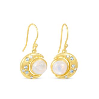 Elegant 14k gold vermeil crescent moon earrings with moonstone and aquamarine.