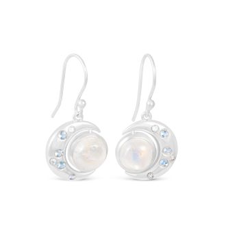Elegant sterling silver crescent moon earrings with moonstone and aquamarine.