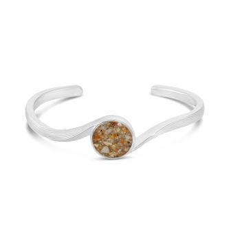 Cuff bracelet handcrafted with sterling silver featuring an ocean wave design and your choice of sand or element. Great jewelry design for ocean aficionados and beach lovers.