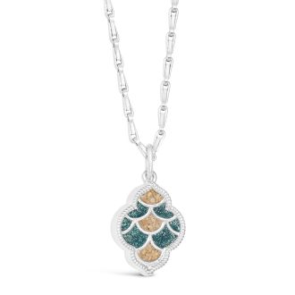 Shimmering teal cascade and sterling silver necklace personalized with your favorite sand or earth element. Symbolic jewelry.