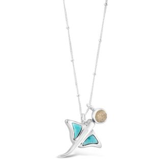 Stingray Larimar necklace, ocean blue stone necklace womens and custom jewelry gifts made with beach sand, gemstones, or elements. Beach jewelry larimar pendant custom crafted with real blue larimar stone. Luxury personalized housewarming gifts. What is t