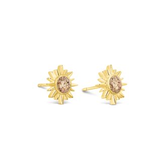 14k Gold stud earrings, delicate sun earrings studs womens and custom jewelry gifts made with beach sand, gemstones, or elements.