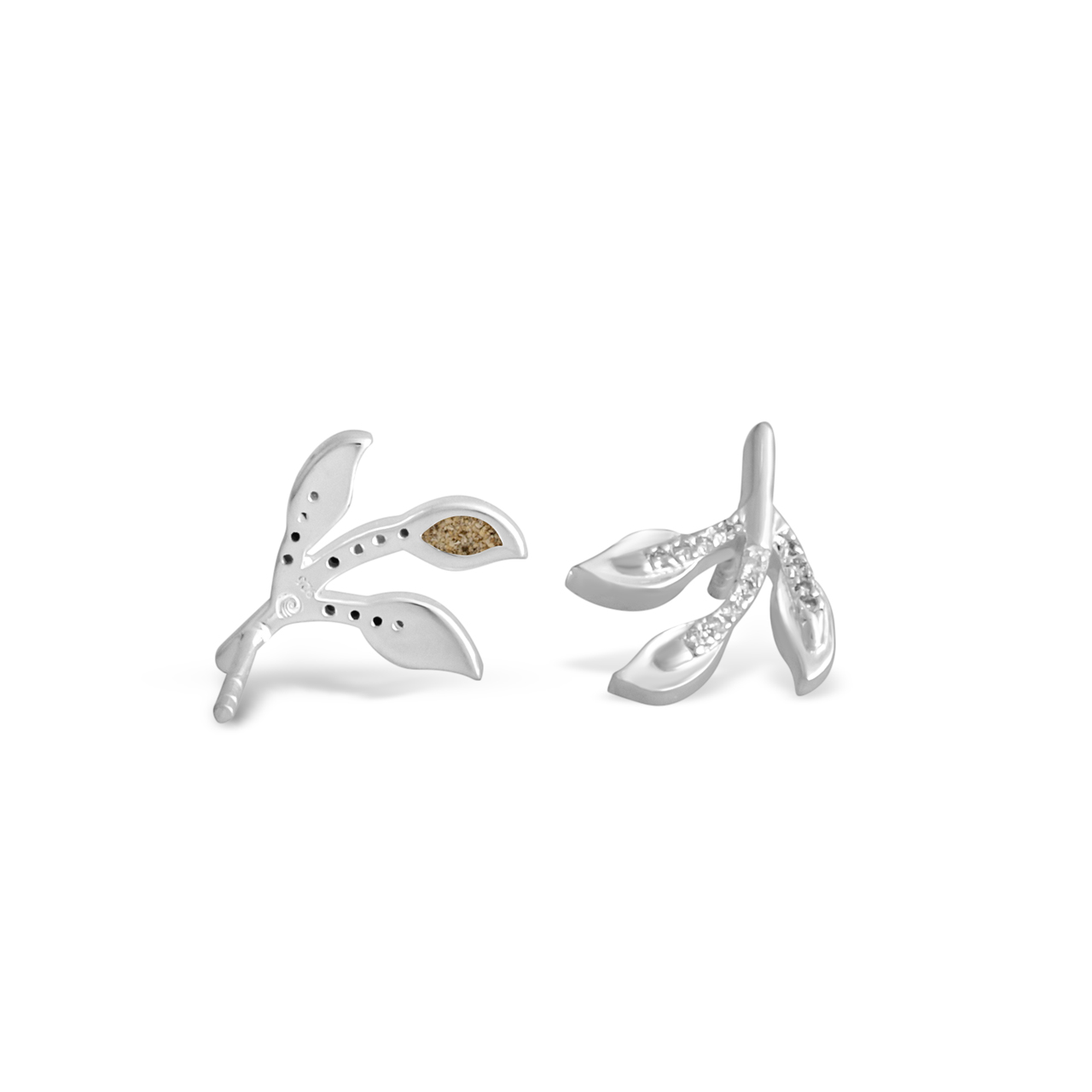 Diamond studs earrings, nature-inspired leaf earrings studs womens and custom jewelry gifts made with beach sand, gemstones, or elements. Real natural diamond jewelry.