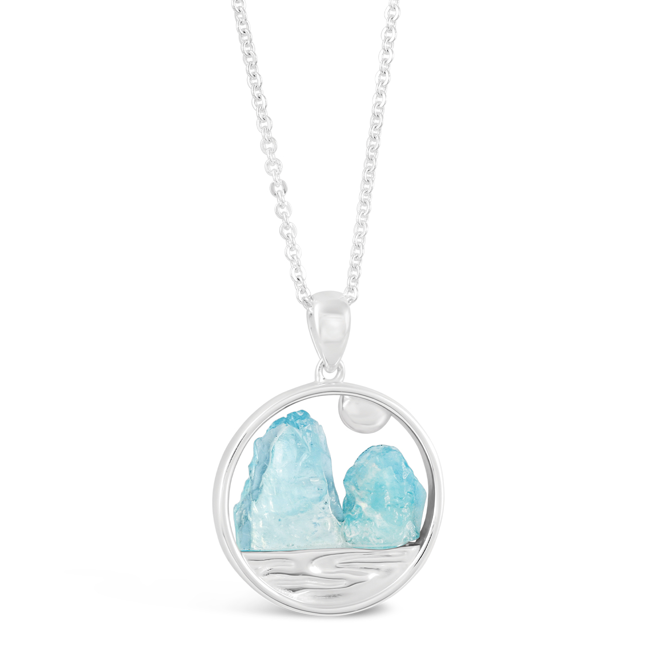 Sterling silver necklace with raw Aquamarine stone for ocean-lovers. Mountain bay pendant and icy blue aquamarine on an adjustable cable chain.