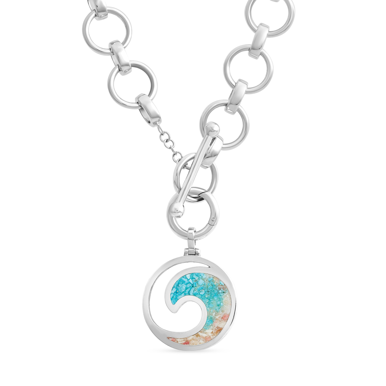 Ocean wave jewelry featuring turquoise stone, customizable with your favorite beach sand, shells, or earth elements. Nautical jewelry and ocean-inspired gifts. Luxe satin matte wave pendant.