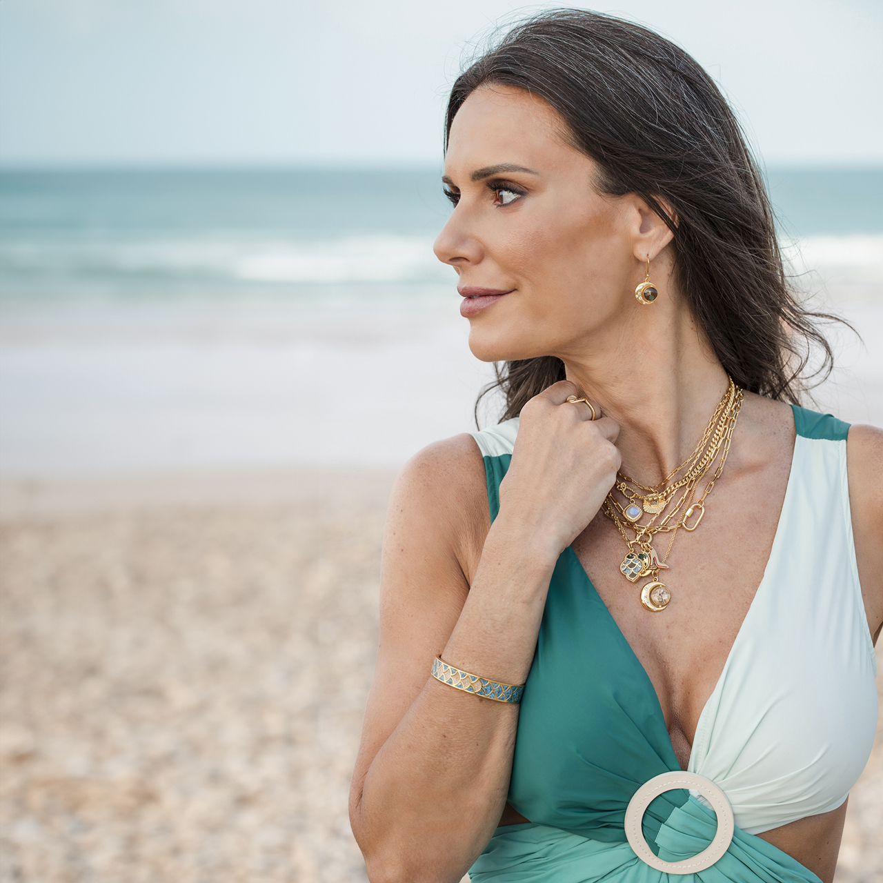 Shimmering teal cascade and 14k gold vermeil cuff bracelet personalized with your favorite sand or earth element. Symbolic jewelry.