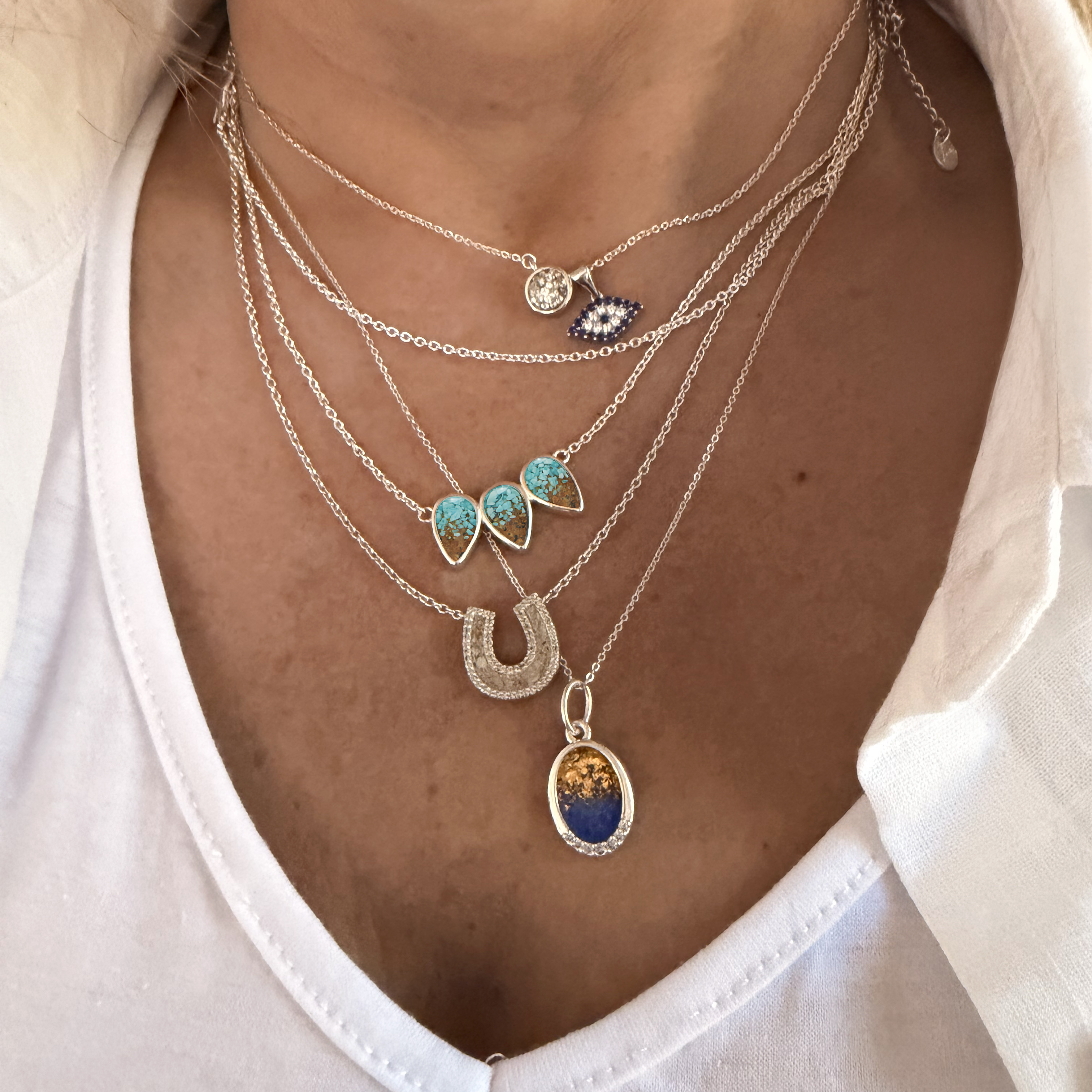 Oval Necklace with White Topaz - Dune Silver - Turquoise Gradient