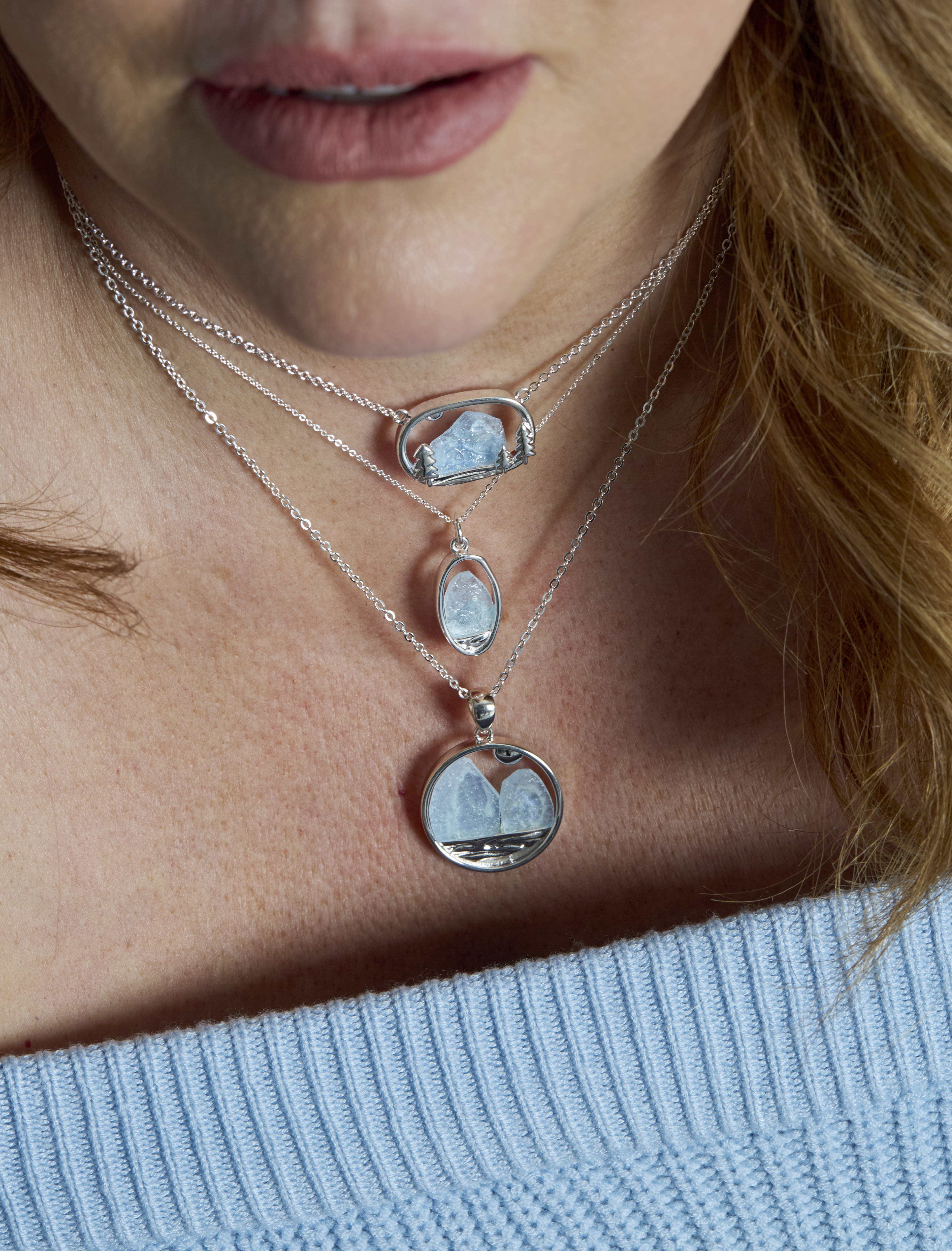 Alaska landscape. Sterling silver Glacier Gem Mountain Bay Necklace with genuine Aquamarine inspired by Alaska glaciers and Arctic waters.