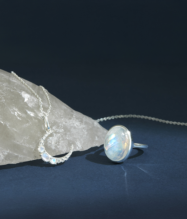 Dune Jewelry Moonstone Goddess Ring and Moonstone Spirit Necklace in Silver 