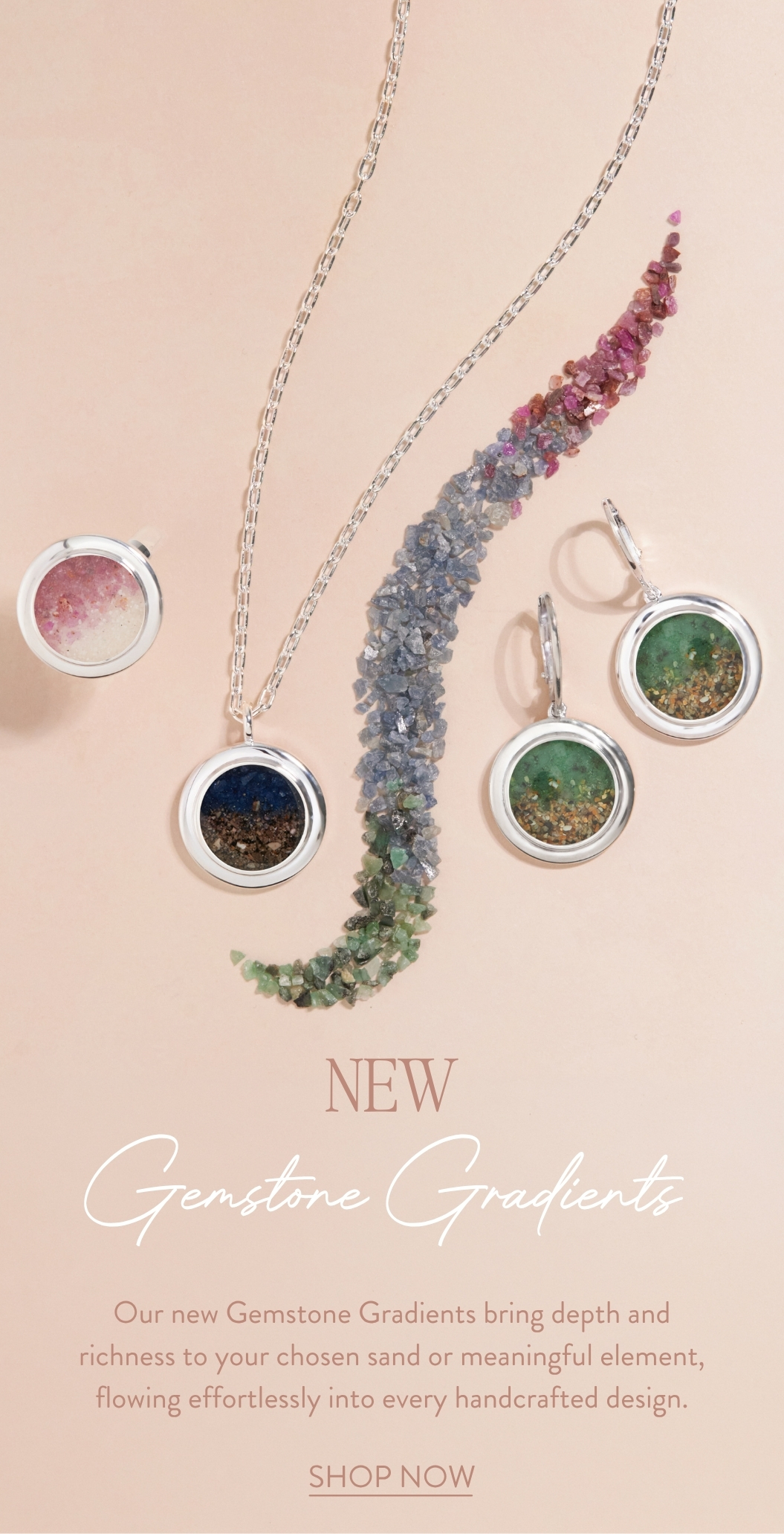 Woman wearing customizable silver stacker rings with colorful sand, birthstone and earth elements. Monthly jewelry deals and discounts.